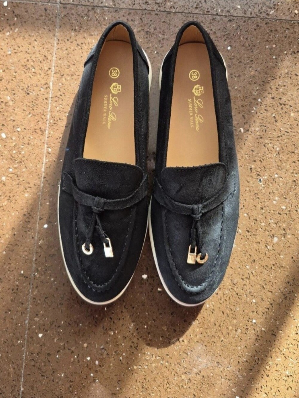 LORO PIANA Black Suede Tassel Slip-On Loafers with Gold Accents